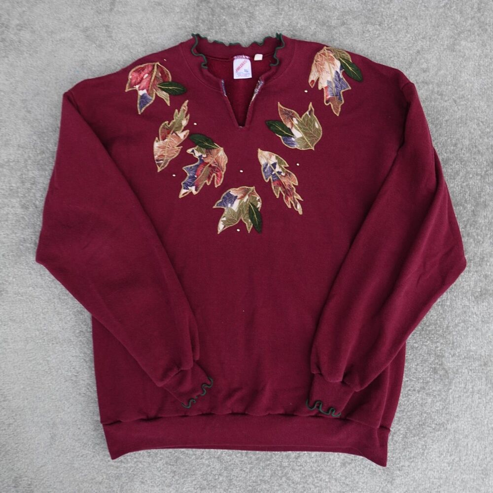VTG Holiday Sweater Adult XL Red Embroidered Gold Trim Leaf Jerzees Sweatshirt